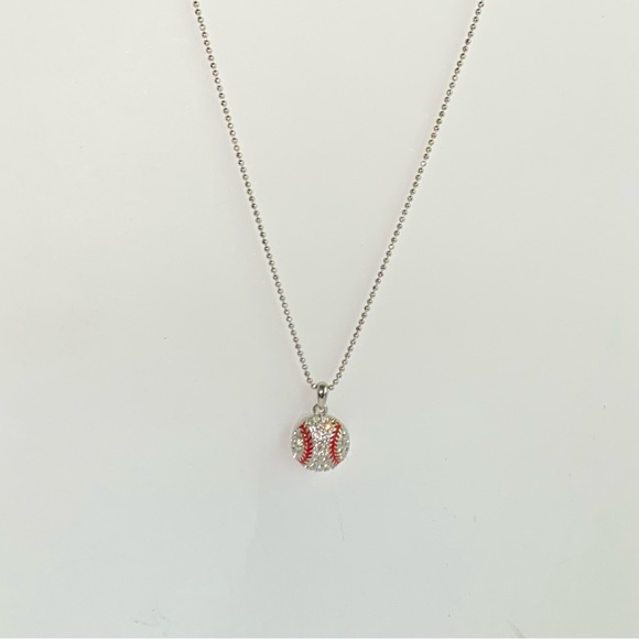 Clear Crystal Baseball Pendant on Silvertone Ball Chain Necklace - Picture 10 of 10